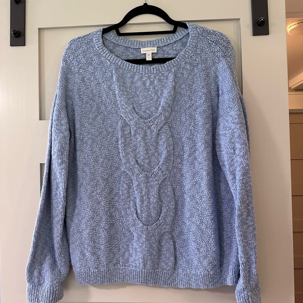 Garnet Hill Light Blue Cable-Knit Crewneck Sweater